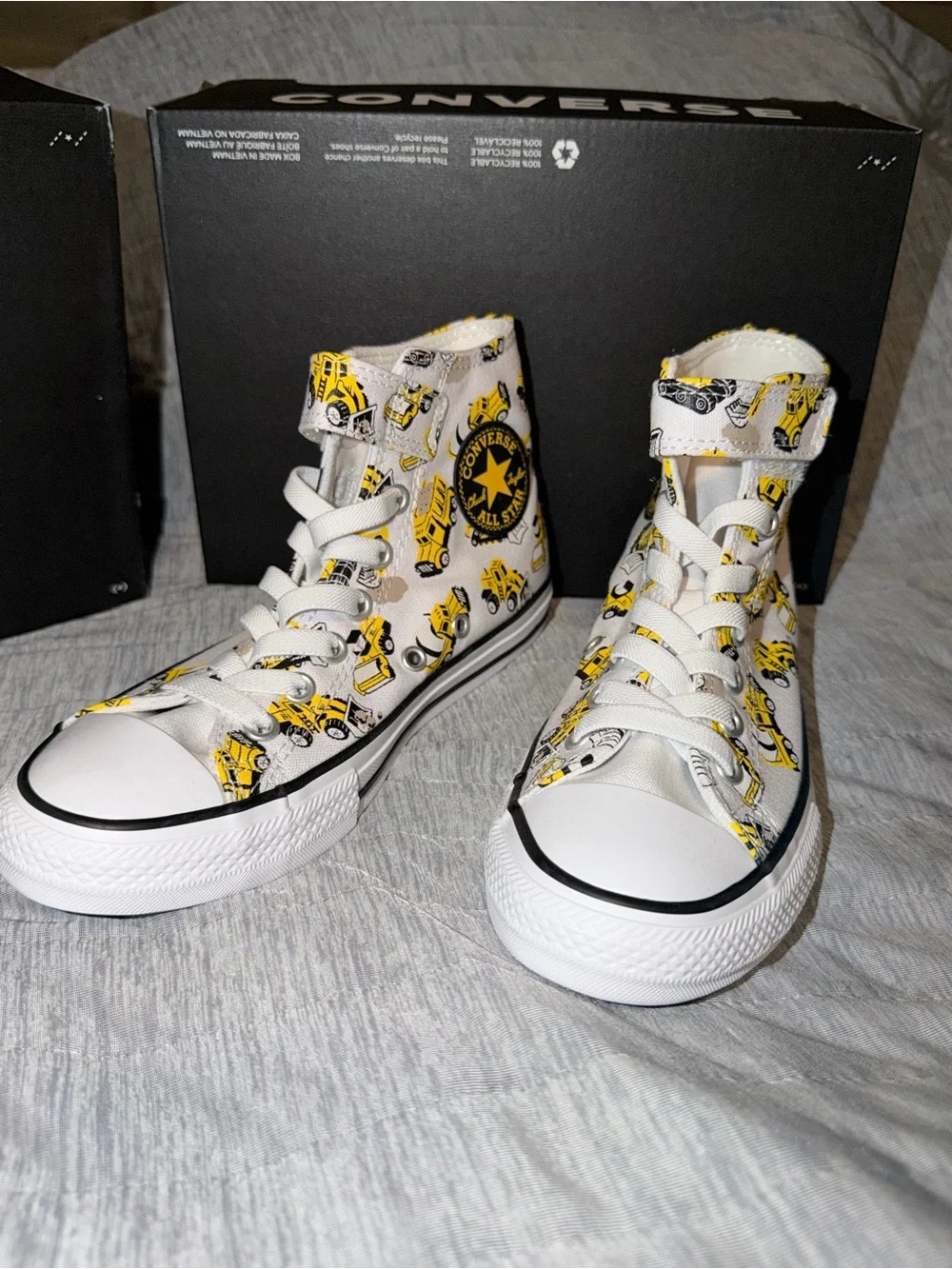 Converse Kids White High-Top Sneakers with Yellow Truck Pattern